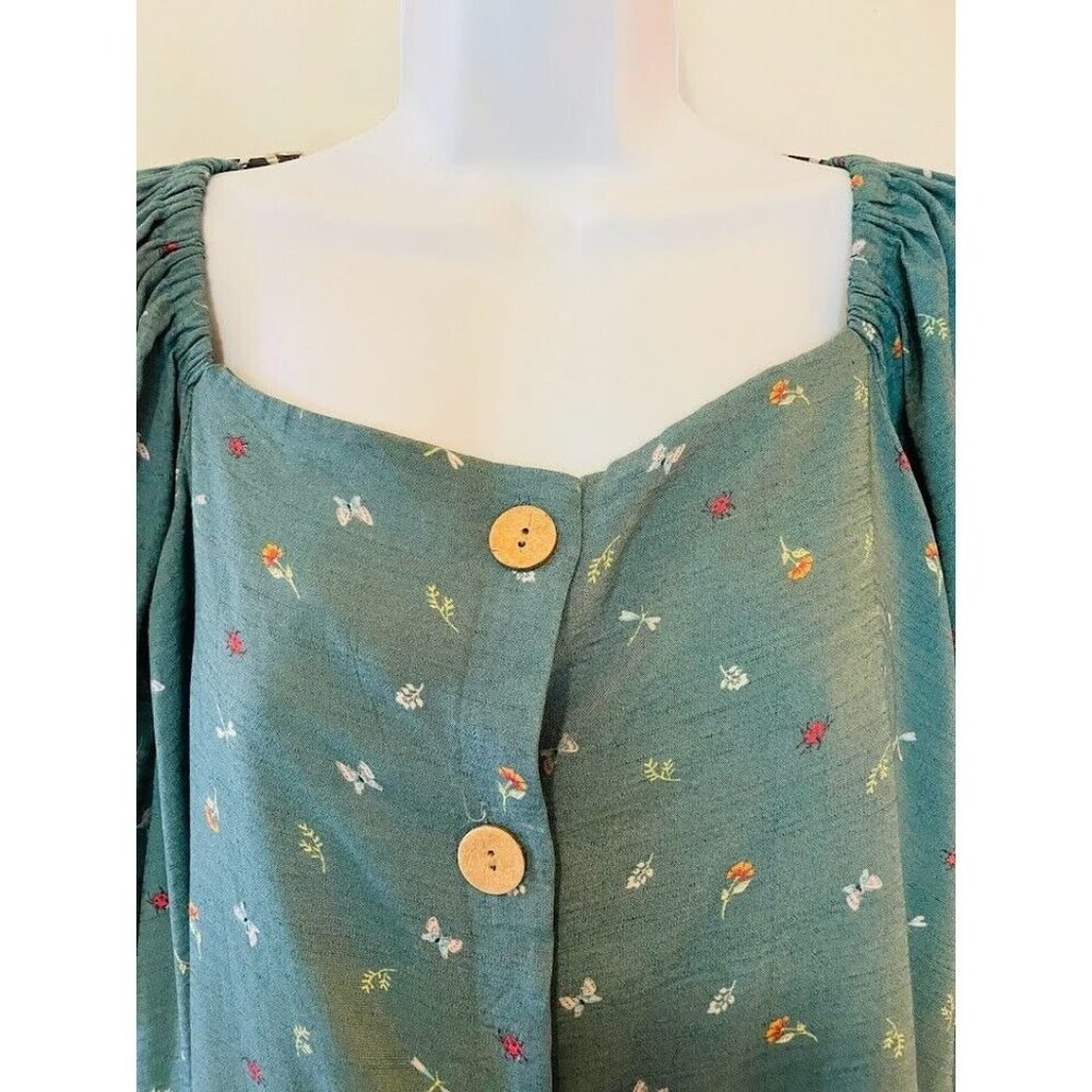 Lauren Conrad Top Shirt Peasant Women’s Size XXL Flower Butterfly Green Boho - Picture 6 of 10